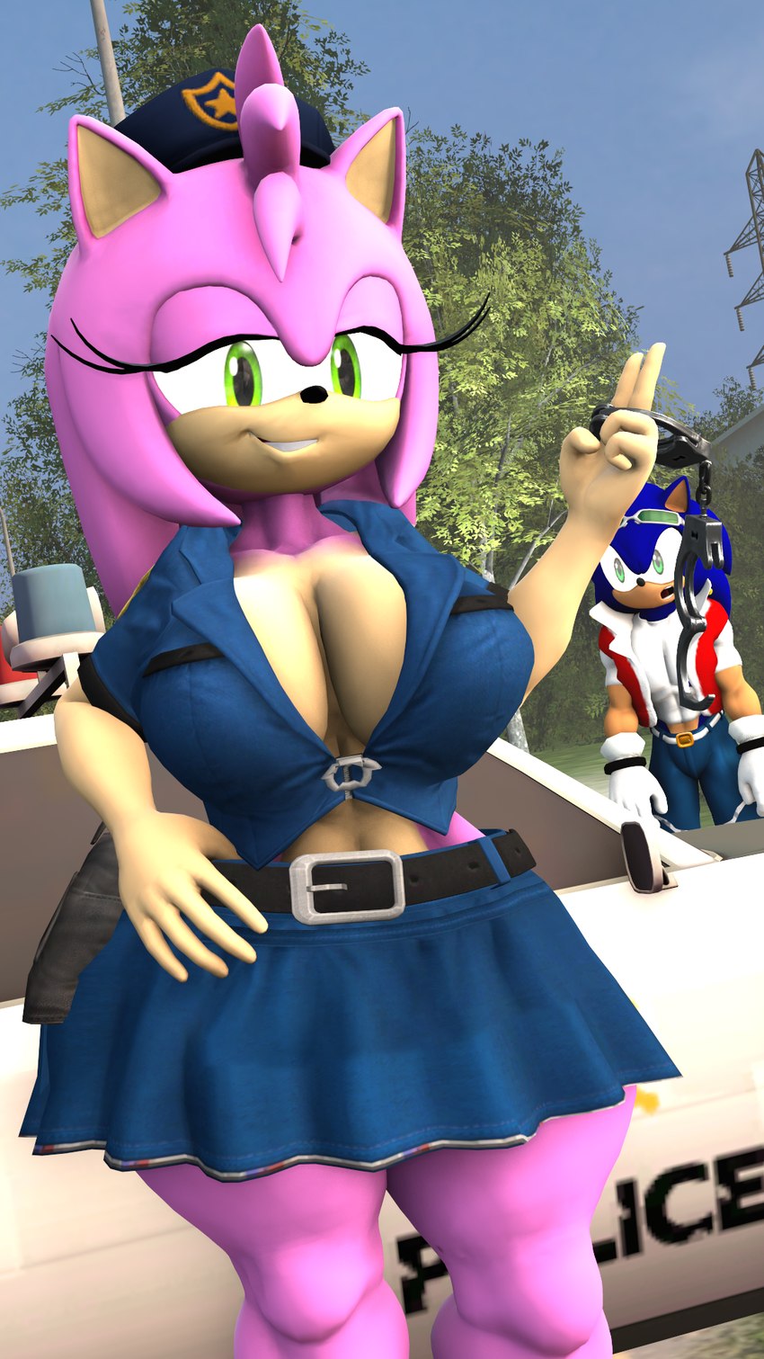 anthro bottomwear breasts clothing cuff_(restraint) duo female handcuffs jaw_drop male metal_cuffs police police_officer police_uniform restraints skirt stare thick_thighs uniform bluewyvern sega sonic_the_hedgehog_(series) amy_rose sonic_the_hedgehog eulipotyphlan hedgehog mammal 3d_(artwork) digital_media_(artwork) hi_res