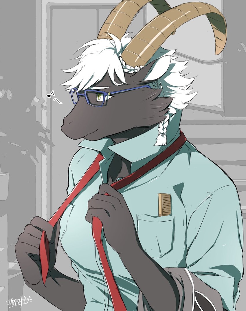 anthro black_body black_fur clothing collared_shirt dress_shirt eyewear fur glasses hair horn male muscular muscular_anthro necktie pecs shirt solo topwear white_hair hijirinoyuta lifewonders tokyo_afterschool_summoners tanngrisnir_(tas) bovid caprine goat mammal hi_res