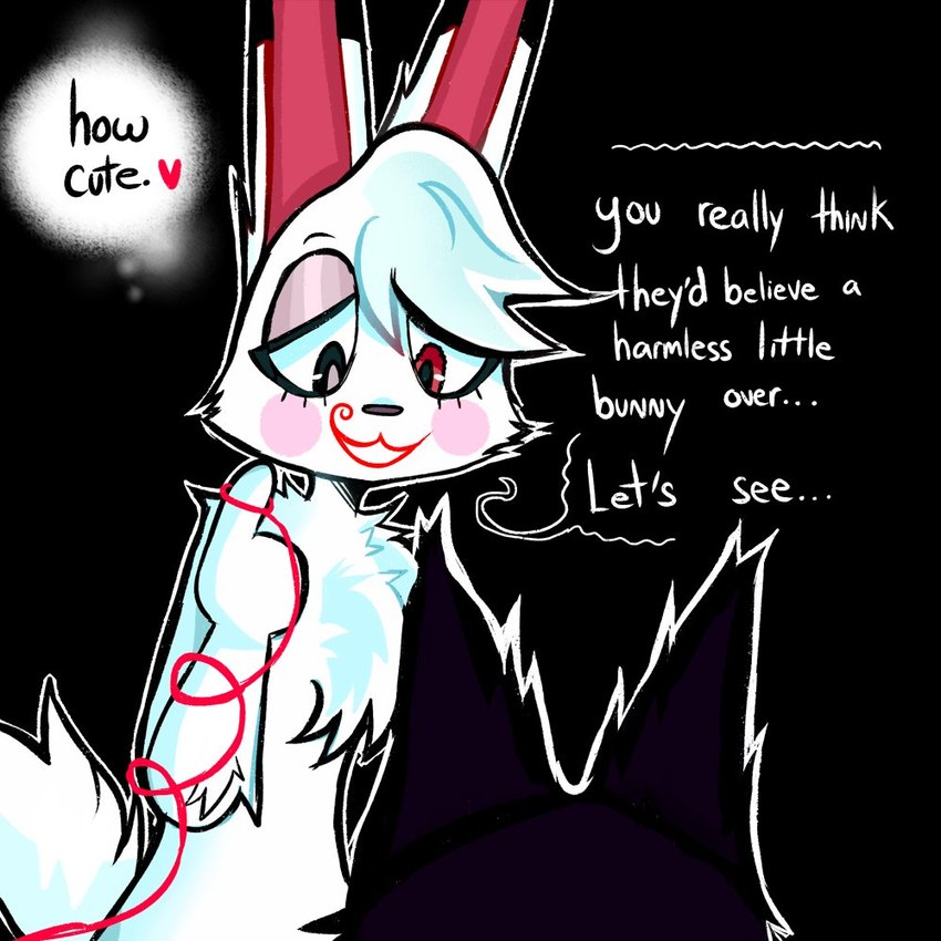 anthro bodily_fluids crying dialogue dominant_prey duo female food fur heart_symbol holding_food holding_object leash meat prey_dom_predator_sub speech_bubble submissive_predator tears white_body white_fur spitthesauce hemlock_(labbit) canid canine fox lagomorph leporid mammal rabbit 1:1