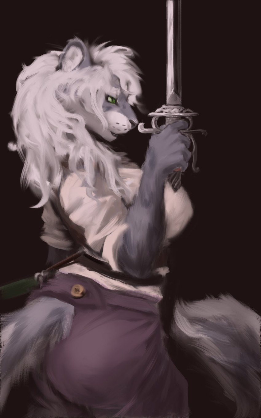 5_fingers anthro big_breasts black_background black_nose bottomwear breasts clothing countershade_face countershading curvy_figure female fingers fluffy fluffy_tail fur furgonomic_bottomwear furgonomics green_eyes grey_body grey_fur hair holding_melee_weapon holding_object holding_rapier holding_sword holding_weapon inner_ear_fluff long_hair looking_aside looking_down markings melee_weapon pants purple_bottomwear purple_clothing purple_pants rapier shirt simple_background smile solo spots spotted_body standing sword tail tail_button_bottoms tail_clothing thick_thighs topwear tuft weapon white_body white_clothing white_fur white_hair white_shirt white_topwear wide_hips skogi charlotte_tepes_(character) felid feline mammal pantherine snow_leopard 2024 5:8 digital_media_(artwork) digital_painting_(artwork) hi_res