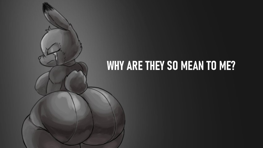 anthro big_breasts big_butt bodily_fluids bottomwear breasts butt clothed clothing cotton cotton_tail crying dipstick_ears ear_markings ears_up eyes_closed female fur gradient_background greyscale_background huge_butt huge_hips huge_thighs long_ears multicolored_ears pants question_mark shirt simple_background solo tears text thick_thighs topwear wide_hips johan_memoris disney everyone_is_so_mean_to_me judy_hopps_allegation_challenge zootopia judy_hopps lagomorph leporid mammal rabbit 16:9 digital_media_(artwork) english_text greyscale hi_res meme monochrome widescreen