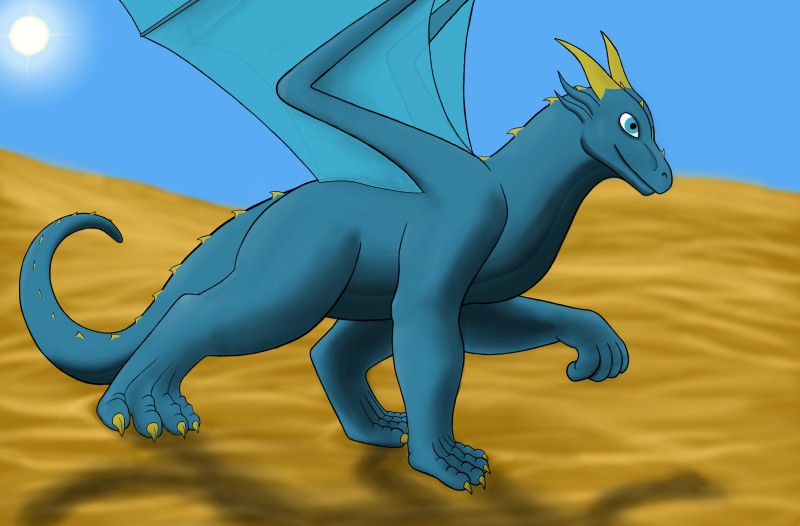 blue_body blue_skin desert digitigrade feral horn membrane_(anatomy) membranous_wings solo sun tail thick_tail thick_thighs walking wings nystemy_(artist) european_mythology mythology nystemy_(character) dragon mythological_creature mythological_scalie scalie western_dragon absurd_res hi_res