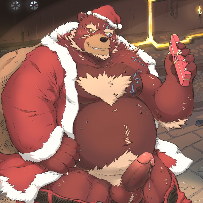 anthro balls belly big_belly black_nose bottomwear bottomwear_down christmas_clothing christmas_headwear clothed clothing detailed_background erection genitals gift hat headgear headwear holidays humanoid_hands kemono male moobs nipples overweight overweight_male pants pants_down partially_clothed penis santa_hat solo mtflying30371 christmas santa_claus bear mammal 1:1 2023 hi_res