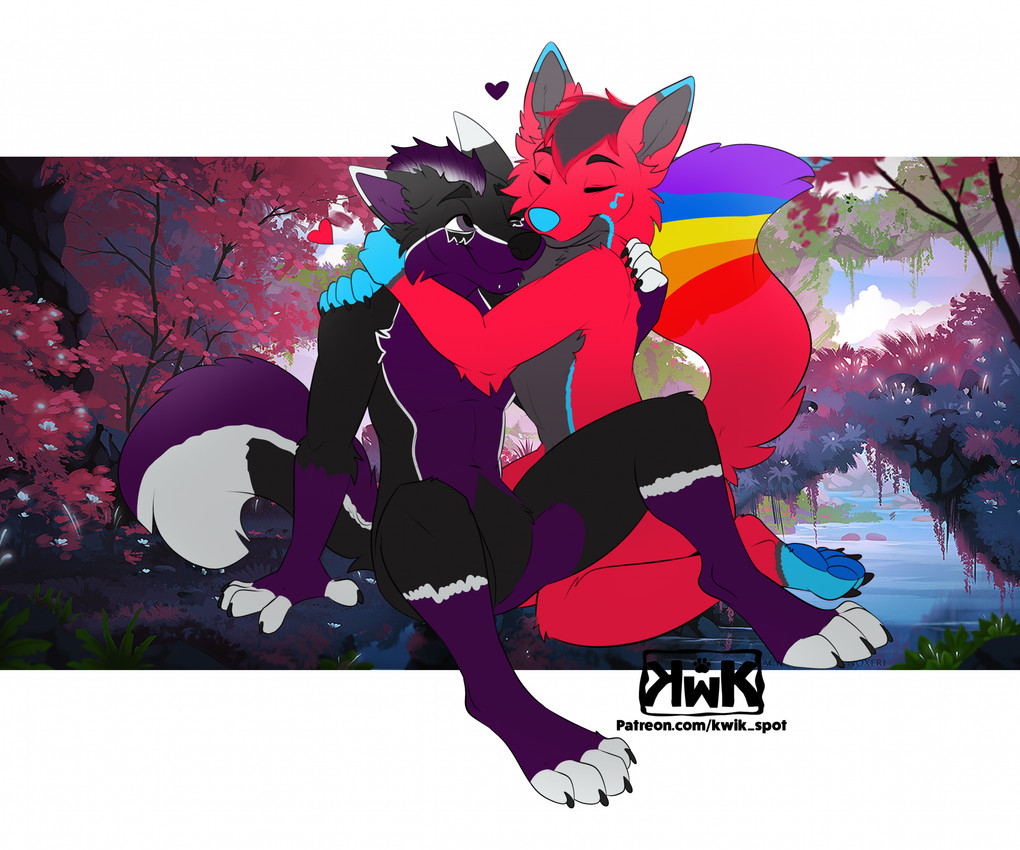 4_toes 5_fingers anthro arm_support arms_around_partner black_body black_claws black_eyebrows black_fur black_markings black_nose blue_body blue_ear_tips blue_fur blue_hands blue_markings blue_nose blue_pawpads blue_paws cheek_markings chin_piercing claws closed_smile countershade_face countershade_torso countershading detailed_background dipstick_ears dipstick_tail duo ear_markings eyebrows eyes_closed facial_markings featureless_crotch feet finger_claws fingerless_(marking) fingerless_gloves_(marking) fingers fur gloves_(marking) grey_body grey_countershading grey_fingers grey_fur grey_inner_ear grey_markings grey_toes hand_on_back hand_on_shoulder head_markings head_tuft heart_symbol hug kneeling leg_markings logo looking_at_another looking_at_partner male male/male male_anthro markings mouth_closed multicolored_ears musical_note musical_note_(marking) musical_symbol nature nude_anthro nude_male one_eye_closed orange_body orange_fur orange_markings pawpads paws plant purple_body purple_countershading purple_fur purple_tail_tip red_body red_fur reverse_countershading ring_(marking) romantic romantic_couple sitting smile socks_(marking) symbol tail tail_markings text toe_claws toeless_(marking) toeless_socks_(marking) toes tree tuft white_bars white_body white_ear_tips white_fur yellow_body yellow_fur yellow_markings kwik_(artist) noxeri canid mammal artist_logo hi_res letterbox url