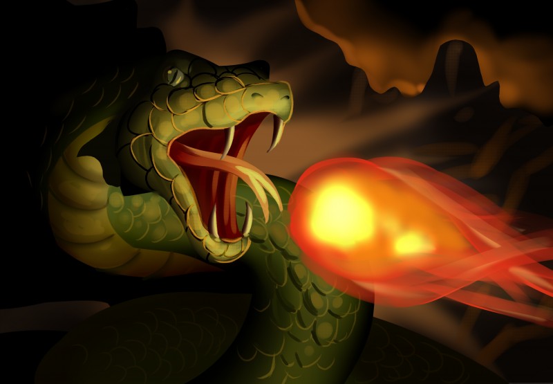 ambiguous_gender feral fire legless looking_at_viewer open_mouth solo edowaado reptile scalie snake 2019 hi_res