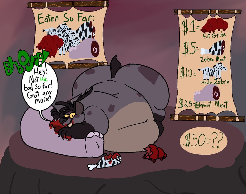 belly big_belly big_butt blood bodily_fluids burping butt chubby_cheeks donation_drive eating eating_flesh female feral flesh inflation larva overweight solo stuffing text weight_gain gatorbuns disney the_lion_king shenzi_(the_lion_king) arthropod elephant elephantid equid equine grub_(insect) hyena insect mammal proboscidean spotted_hyena zebra english_text