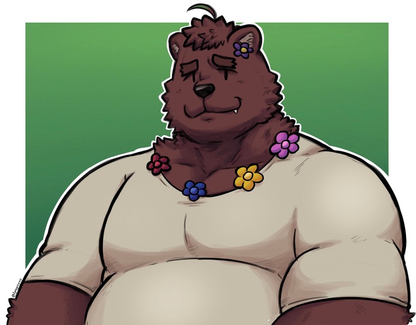 ahoge belly brown_body brown_fur brown_hair fangs flower fur green_background hair male muscular muscular_male plant simple_background solo teeth dynogreeno bear mammal ursine hi_res