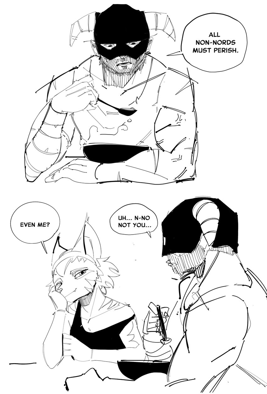 anthro armor beard bedroom_eyes bowl clothing container cutlery dialogue duo eating eating_food facial_hair fantasy_racism female fluffy hand_on_face headgear helmet horn horned_helmet human_on_anthro humor husband_and_wife interspecies kitchen_utensils looking_at_another looking_at_partner male male/female married_couple muscular muscular_human muscular_male narrowed_eyes romantic romantic_couple scar seductive shirt sleeveless_shirt smile smiling_at_another spoon talking_to_another talking_to_partner text tools topwear miscuitsxd microsoft the_elder_scrolls felid feline human khajiit mammal absurd_res black_and_white english_text hi_res monochrome sketch