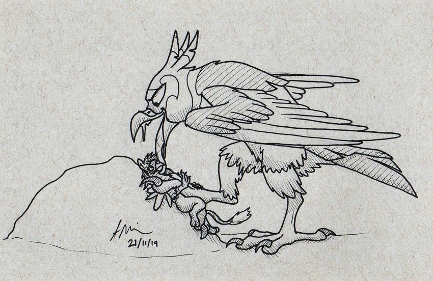 ambiguous_gender anthro beak bodily_fluids duo feathered_wings feathers female feral licking pinned rock saliva size_difference tongue tongue_out wings doesnotexist middle_eastern_mythology mythology charcoal_(birb) avian bird gryphon mythological_avian mythological_bird mythological_creature roc hi_res pen_(artwork) traditional_media_(artwork)