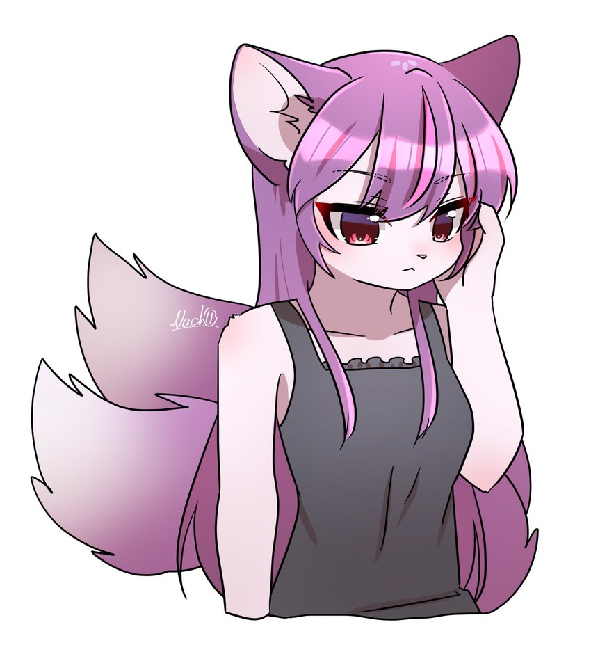 anthro black_clothing black_topwear blush breasts clothing ear_tuft female female_anthro fingers fluffy fluffy_tail fur hair kemono long_hair multi_tail purple_body purple_eyes purple_fur purple_hair simple_background solo tail topwear tuft white_background white_body white_fur nachiwanko canid canine fox mammal 2021 digital_media_(artwork) half-length_portrait hi_res portrait