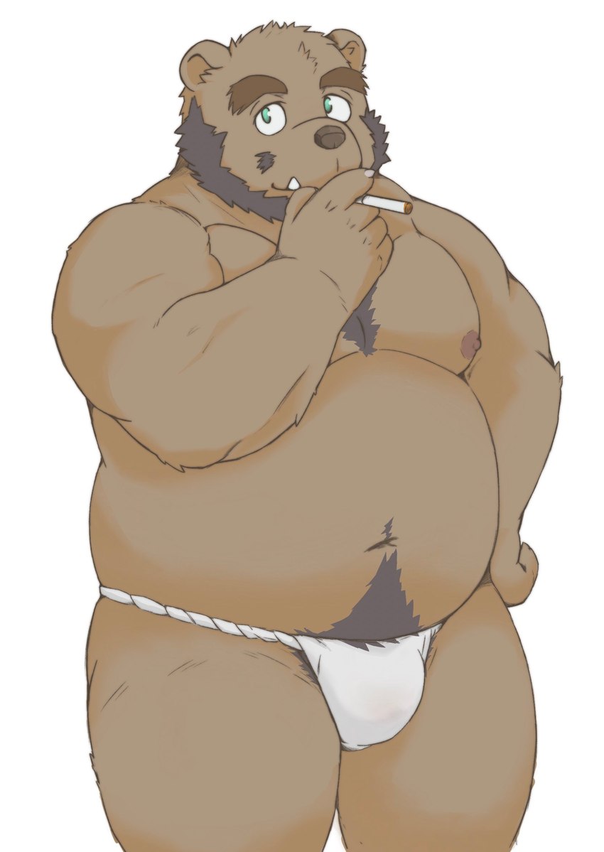 anthro asian_clothing beard belly big_belly brown_body clothing east_asian_clothing facial_hair fundoshi humanoid_hands japanese_clothing kemono male mature_male moobs nipples overweight overweight_male simple_background smoking solo underwear white_clothing white_fundoshi white_underwear buruukoori love_mechanic tom_(lm) bear mammal 2022 hi_res