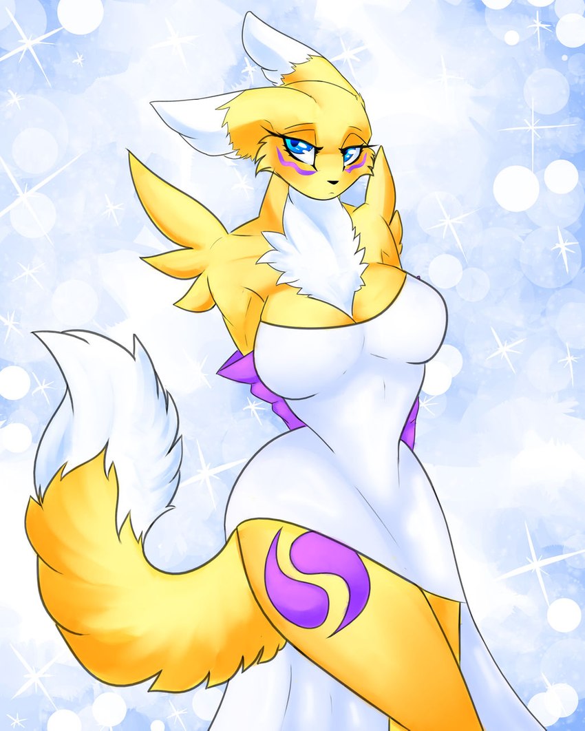 abstract_background anthro breasts clothing dress female fox_tail half-closed_eyes narrowed_eyes solo sparkles sparkling_background wide_hips cassielink bandai_namco digimon canid digimon_(species) mammal renamon digital_media_(artwork) hi_res sketch