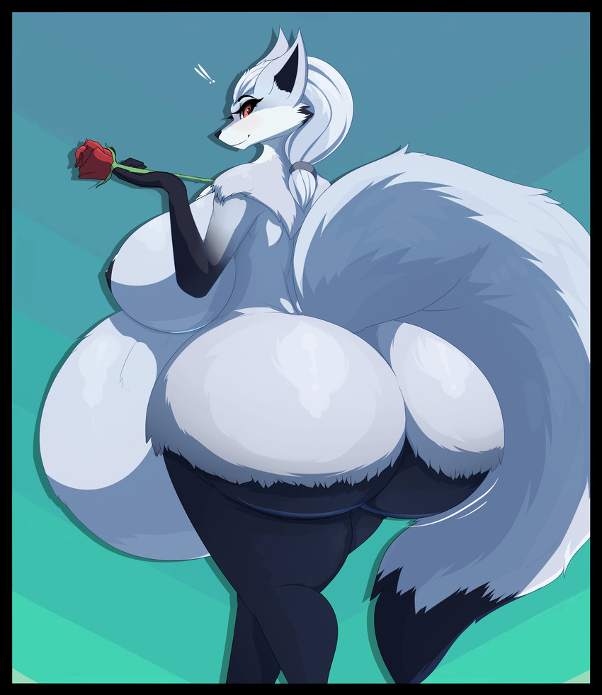 anthro areola belly big_belly big_breasts big_butt big_tail biped black_areola black_border black_nipples black_nose blue_body blue_fur blue_hair border breasts butt curvy_figure dipstick_tail exclamation_point female flower fluffy fluffy_tail fur gloves_(marking) hair holding_flower holding_object huge_belly huge_breasts huge_butt hyper hyper_belly looking_at_viewer looking_back markings multicolored_body multicolored_fur multicolored_tail nipples nude overweight overweight_anthro overweight_female plant ponytail rear_view rose_(flower) simple_background smile solo standing tail tail_markings two_tone_body two_tone_fur voluptuous wide_hips asaneman sheep_and_wolves wizart_animation simone_(sheep_and_wolves) arctic_fox canid canine fox mammal true_fox absurd_res hi_res