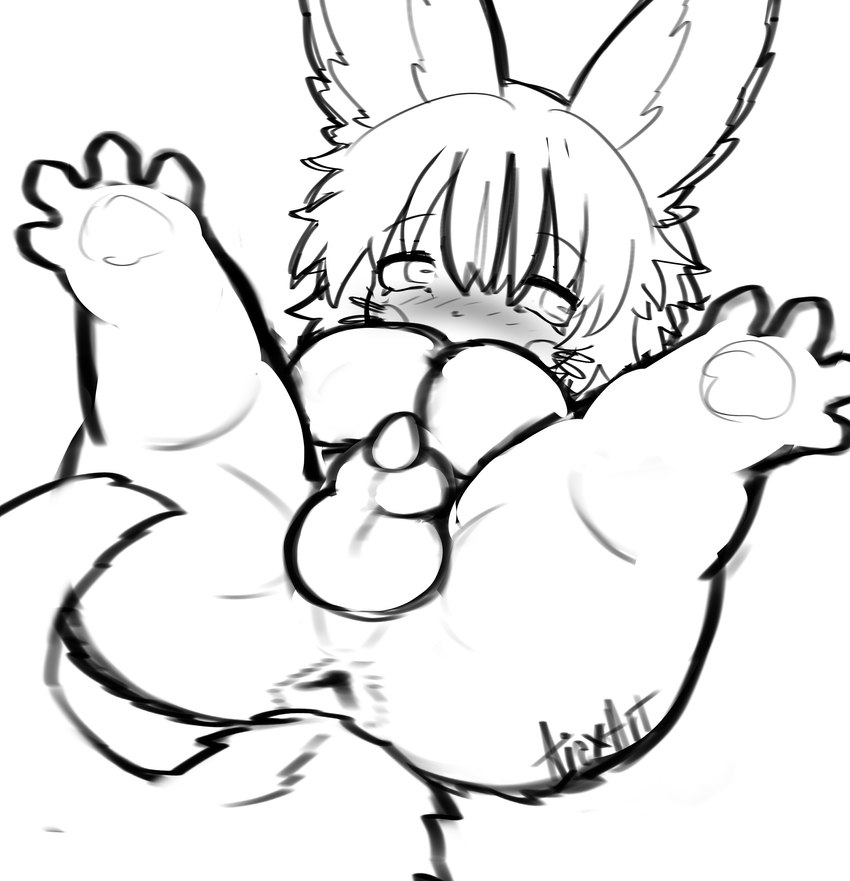 animal_genitalia animal_penis anus balls blush blush_lines canine_genitalia canine_penis feet genitals hair hands_on_mouth long_ears looking_away male pawpads penis rabbit_ears sheath short_hair solo spread_legs spread_toes spreading toes whiskers young true_fossil_soul made_in_abyss nanachi animal_humanoid humanoid lagomorph lagomorph_humanoid mammal mammal_humanoid narehate absurd_res hi_res monochrome