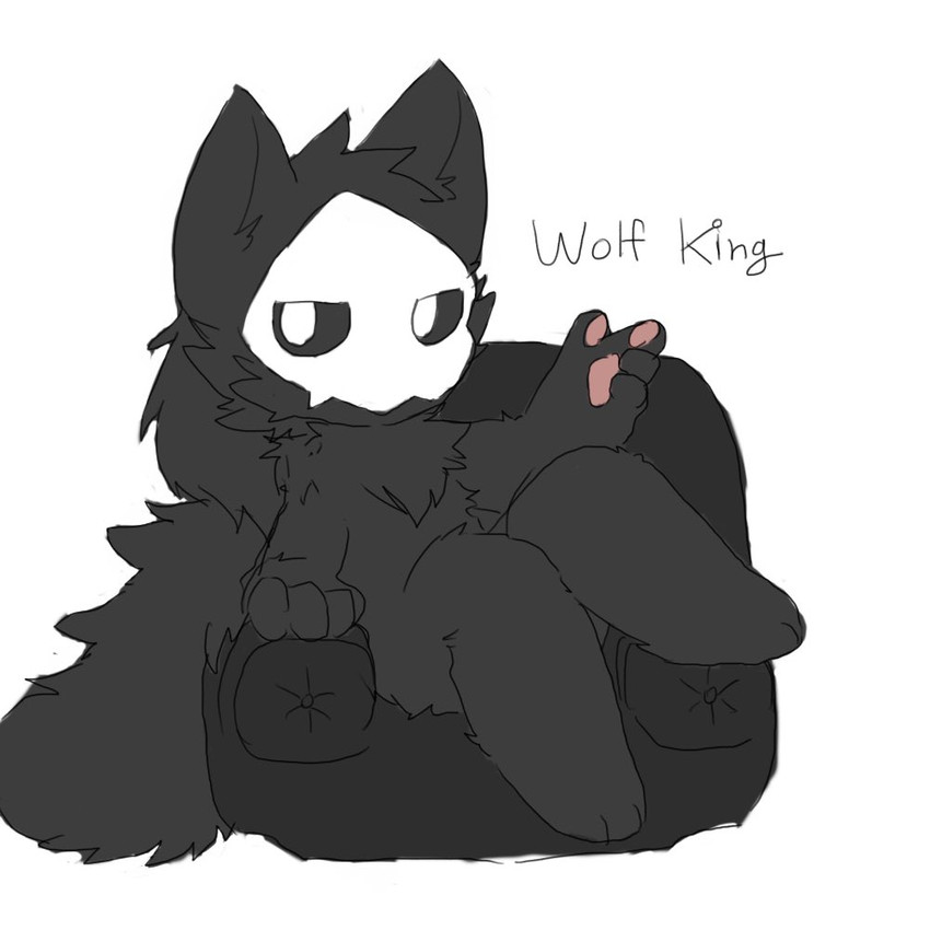 4_fingers anthro black_body black_fur chair fingers fur furniture looking_at_viewer male name_tag pawpads paws simple_background sitting snap snapping_fingers solo text white_background chano changed_(video_game) the_wolf_king_(changed) canid canine canis dark_latex mammal wolf 1:1