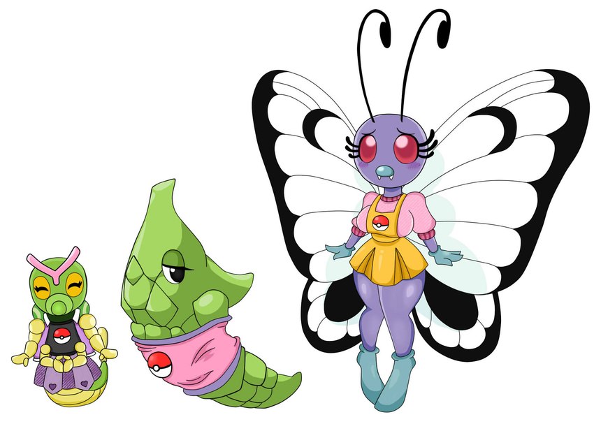 4_arms antennae_(anatomy) anthro armless black_eyes bottomwear breasts chrysalis clothing evolutionary_family female green_body group legless multi_arm multi_limb overalls pokeball purple_body red_eyes shirt simple_background skirt standard_pokeball topwear trio white_background wings urusee584 nintendo pokemon butterfree caterpie generation_1_pokemon metapod pokemon_(species) hi_res