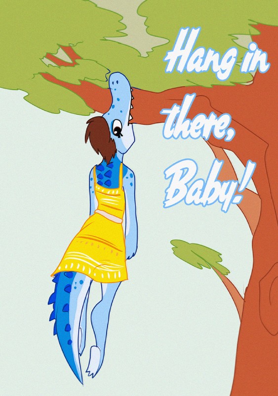 anthro barefoot biped bite blue_body blue_scales blue_sky bottomwear brown_eyes brown_hair clothed clothing dangling day dress feet female hair in_tree looking_away looking_down multicolored_body multicolored_scales outside plant poster poster_template rear_view scales sharp_teeth short_hair sky snout solo spikes teeth text topwear tree yellow_bottomwear yellow_clothing yellow_topwear fivel hang_in_there scampi crocodile crocodilian reptile scalie 2015 digital_media_(artwork) english_text flat_colors full-length_portrait hi_res portrait