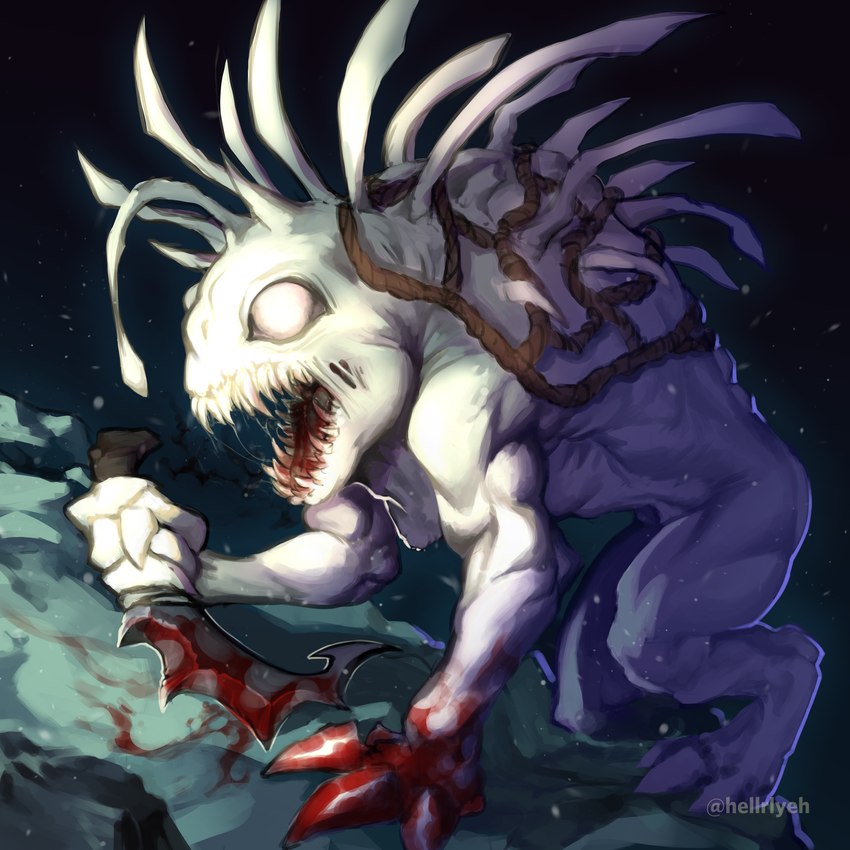 ambiguous_gender blood blood_on_hand bodily_fluids crouching deep_sea gore holding_knife holding_object knife marine_snow net open_mouth sharp_teeth solo spikes spikes_(anatomy) teeth teeth_showing caesarus blizzard_entertainment warcraft humanoid marine murloc 1:1 absurd_res hi_res