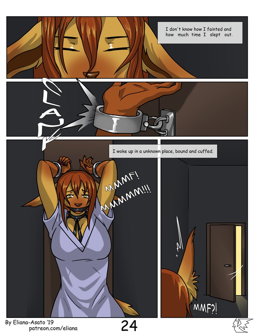 anthro bangs base_three_layout big_breasts big_ears blockage_(layout) bound breasts clanking clinking clothed clothed_breasts clothing collar comic_panel cuff_(restraint) dark_room door door_opening ears_down eyes_closed face_closeup female four_frame_image fur gag gagged grey_background hair handcuffed handcuffs hands_above_head harness horizontal_blockage kidnapping long_hair long_shirt looking_at_viewer metal_cuffs muffled onomatopoeia orange_hair perspective_text pivoted_ears restraints scared short_tail simple_background solo sound_effects standing tail text three_row_layout vowelless vowelless_vocalization waking_up wall_bondage yellow_body yellow_eyes eliana-asato jen_(eliana-asato) felid feline lynx mammal comic digital_media_(artwork) english_text hi_res