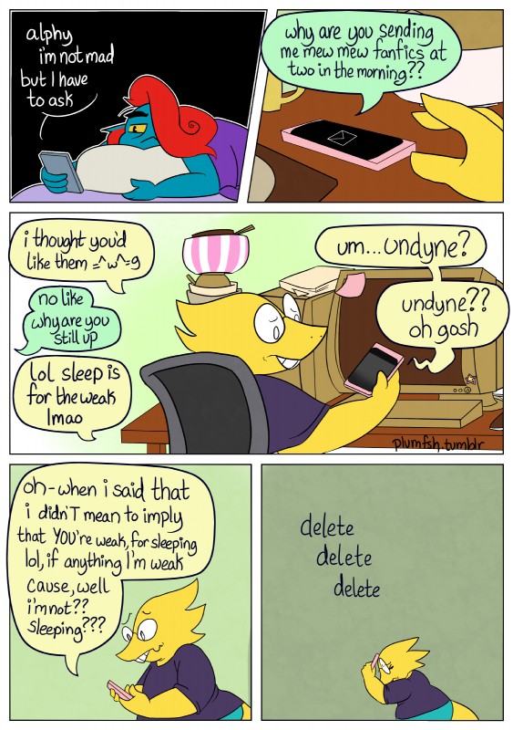 bed bowl computer container cup dialogue electronics female furniture phone pillow text plumfsh undertale undertale_(series) alphys undyne fish lizard marine reptile scalie absurd_res comic english_text hi_res