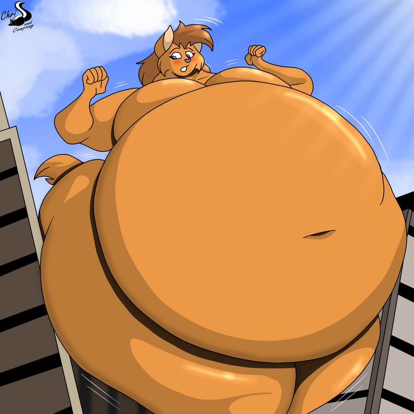 anthro belly big_belly big_breasts blue_eyes blush breasts building city cityscape cloud featureless_breasts female fur hair huge_belly huge_breasts macro navel nude obese obese_anthro obese_female orange_body orange_fur orange_hair overweight overweight_anthro overweight_female sky solo tail chrisandcompany neve_vecat domestic_cat felid feline felis mammal 1:1 digital_drawing_(artwork) digital_media_(artwork) hi_res watermark