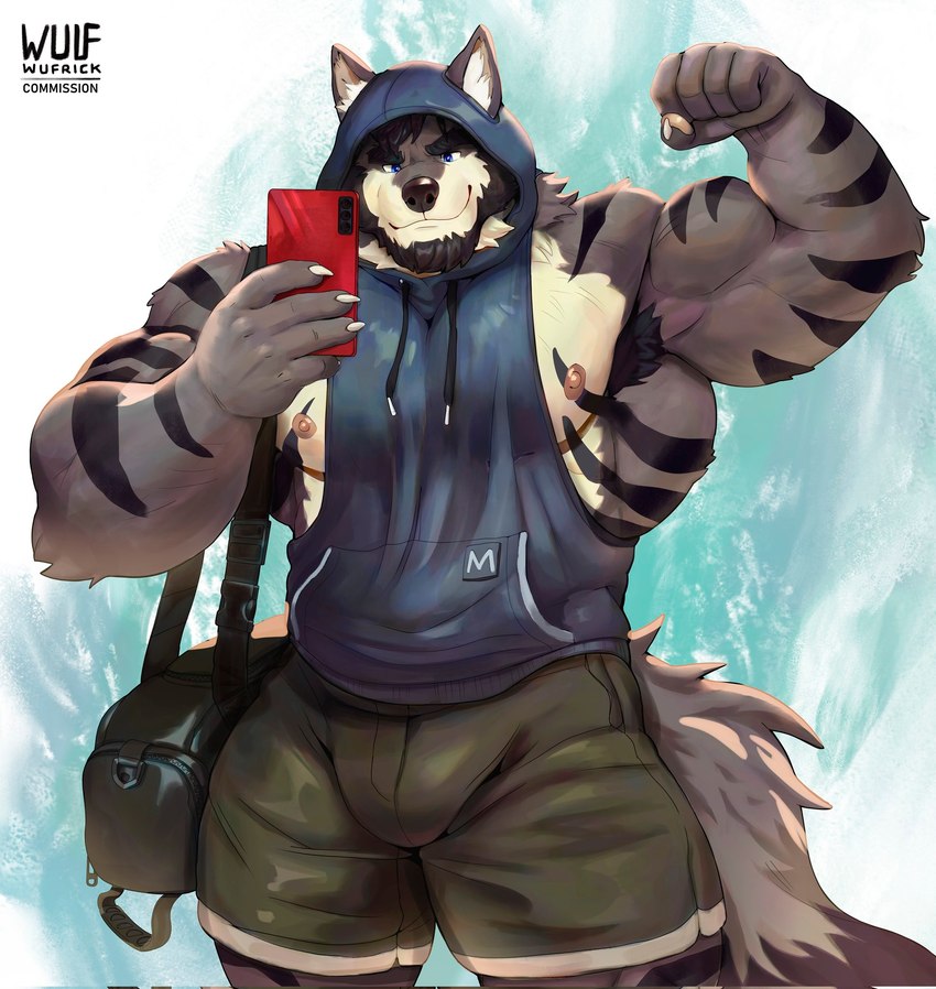 5_fingers anthro armpit_hair athletic_wear bag_around_shoulder barazoku big_muscles black_facial_hair black_hair black_stripes blue_clothing blue_eyes blue_hoodie blue_topwear body_hair bottomwear bulge cellphone claws clothing electronics facial_hair finger_claws fingers flexing flexing_bicep fur furgonomic_headwear furgonomic_hood furgonomics green_bottomwear green_clothing green_gym_shorts green_shorts grey_body grey_fur gym_bag gym_bottomwear gym_shorts hair holding_cellphone holding_object holding_phone holding_smartphone hood_up hoodie huge_muscles inner_ear_fluff logo male multicolored_body multicolored_fur muscular nipples pecs phone serratus shorts sleeveless_hoodie smartphone smile solo standing striped_body striped_fur stripes tail taking_picture taking_selfie topwear tuft white_body white_fur white_inner_ear_fluff wufrick magunm canid canine canis mammal wolf 2025 artist_logo hi_res