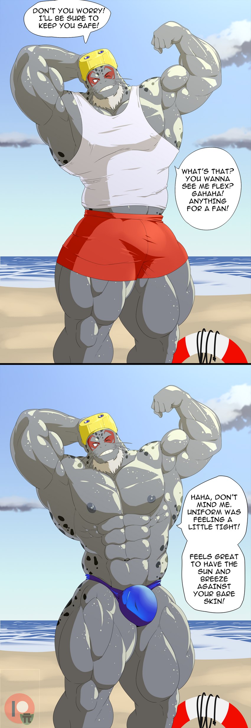 abs anthro beard biceps bottomwear clothing dialogue eyewear facial_hair flexing goggles grey_body male muscular muscular_anthro muscular_male nipples one_eye_closed pecs shirt shorts solo superhero tank_top teeth text topwear underwear wet white_beard white_facial_hair wink geng my_hero_academia selkie_(my_hero_academia) mammal marine absurd_res english_text hi_res