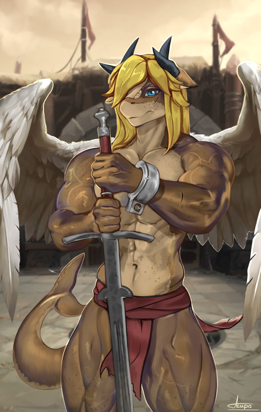 anthro blonde_hair blue_eyes bottomwear clothing cuff_(restraint) hair horn loincloth long_hair male melee_weapon muscular muscular_anthro muscular_male paladin restraints shackles shark_tail simple_background solo sword tail twunk weapon white_wings wings acupa aurelio_larone fish marine shark 2023 hi_res