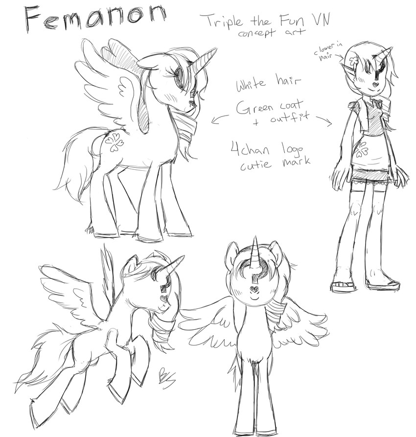 ?_face feathered_wings feathers female feral horn solo text wings buttercup_saiyan 4chan hasbro my_little_pony mythology anon equid equine human mammal mythological_creature mythological_equine winged_unicorn absurd_res english_text hi_res model_sheet monochrome