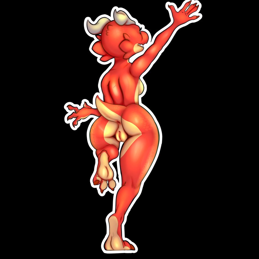 anthro anus big_butt breasts butt claws countershading digitigrade female genitals horn looking_away nude on_one_leg pussy raised_arm reaching red_body red_skin short_stack small_breasts small_tail solo standing tail thick_thighs wisty humanoid kobold lizard reptile scalie 1:1 absurd_res alpha_channel hi_res