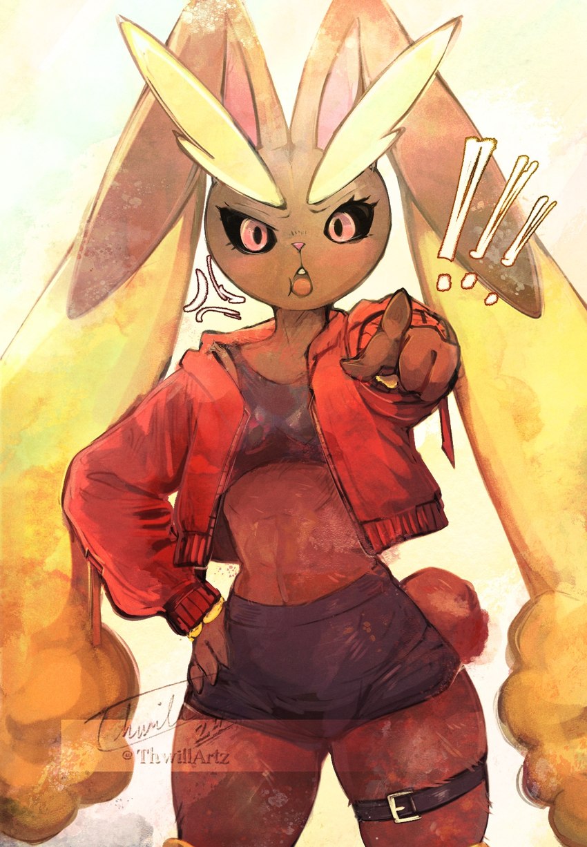 annoyed anthro big_ears blush bottomwear brown_body clothed clothing exclamation_point female fur gesture hand_gesture jacket looking_at_viewer pink_eyes pink_inner_ear pointing pointing_at_viewer red_clothing red_jacket red_topwear scut_tail short_tail simple_background solo tail thick_thighs thigh_belt tight_clothing topwear thwillartz nintendo pokemon generation_4_pokemon lopunny mammal pokemon_(species) 2024 artist_name colored digital_drawing_(artwork) digital_media_(artwork) digital_painting_(artwork) hi_res portrait shaded signature three-quarter_portrait watermark