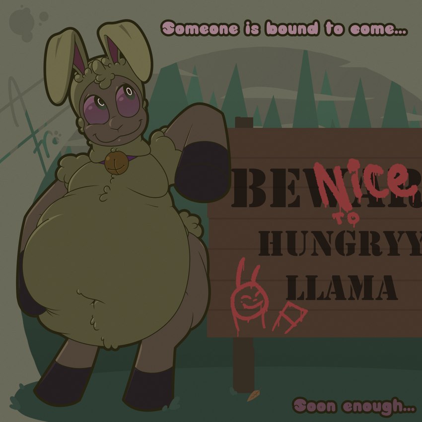 anthro bell bell_collar belly big_belly biped collar dialogue digestion front_view fur graffiti hand_on_belly hoof_hands hooves huge_belly male muted_colors navel night overweight pose sign simple_background solo standing tan_body tan_fur text thick_thighs vore afraart hungry_lamu lamu camelid llama mammal 1:1 digital_drawing_(artwork) digital_media_(artwork) english_text hi_res