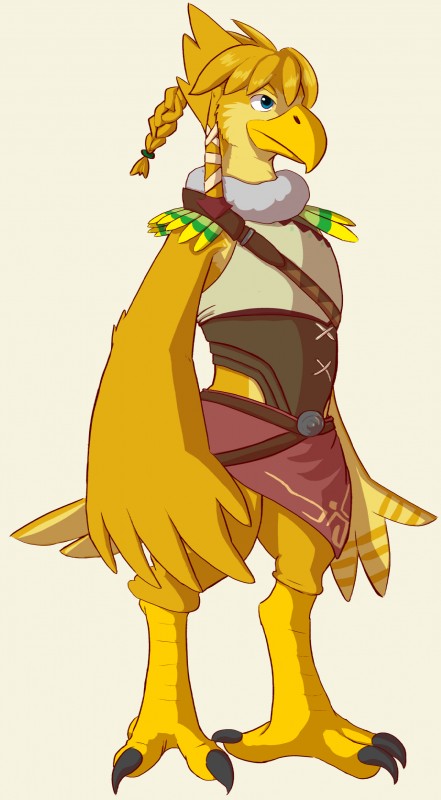 alternate_species anthro beak blue_eyes braided_hair clothing feather_hands feathers feet furrification hair male simple_background solo standing talons toes white_background unclear_asdf breath_of_the_wild nintendo the_legend_of_zelda link_(rito_form) avian bird rito 2017 absurd_res hi_res