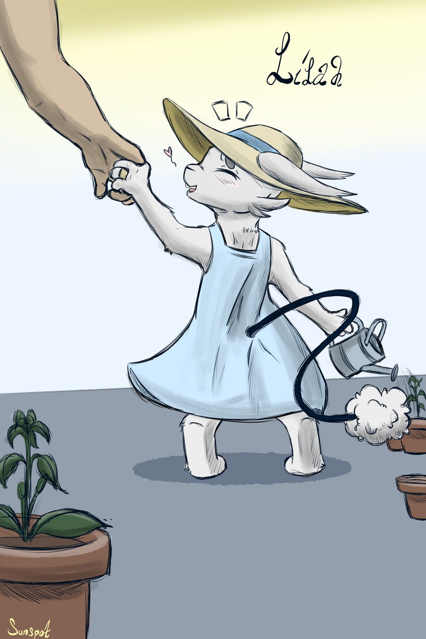 ambiguous_gender clothing digit_ring dress duo eyes_closed hand_holding hat headgear headwear heart_symbol jewelry plant sun_hat watering_can sunspot_(artist) the_nature_of_predators lilah_(sunspot) alien human lagomorph mammal sivkit_(the_nature_of_predators) 2:3 hi_res female_(lore)