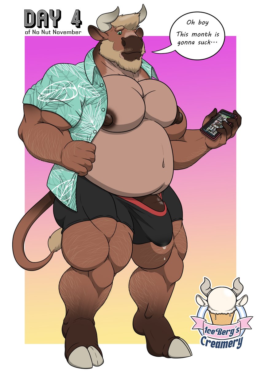 aloha_shirt anthro beard belly big_pecs bodily_fluids body_hair bulge clothed clothing dripping electronics facial_hair genital_fluids hair leaking_precum male musclegut muscular muscular_anthro muscular_male nipples overweight overweight_male partially_clothed pattern_clothing pattern_shirt pattern_topwear pecs phone precum precum_drip shirt solo speech_bubble standing text topwear underwear 1ceberg no_nut_november tom_(1ceberg) bovid bovine cattle mammal absurd_res english_text hi_res meme