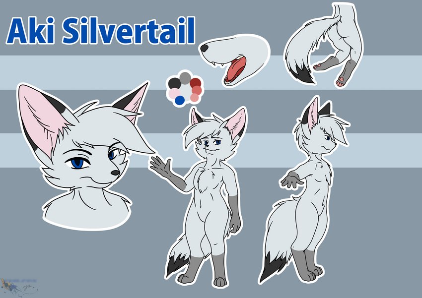 anthro black_body black_fur fur grey_body grey_fur head_tuft male pawpads simple_background smile solo text tuft white_body white_fur philfox aki_silvertail canid canine fennec_fox fox mammal true_fox absurd_res hi_res model_sheet