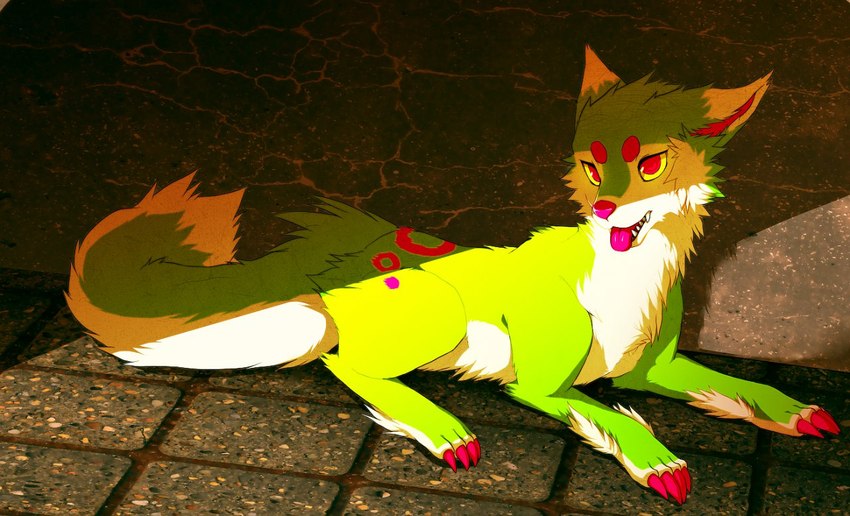 ambiguous_gender claws countershading eyebrows feral floor fluffy fluffy_tail fur glowing glowing_eyes green_body green_fur light looking_at_viewer paws pink_eyebrows pink_eyes pink_nose pink_spots quadruped solo sparklefur spots tail teeth tile tile_floor tongue tongue_out white_body white_countershading falvie falvie_(character) canid canine fionbri mammal 2010 color_contrast digital_drawing_(artwork) digital_media_(artwork) lighting shaded female_(lore)