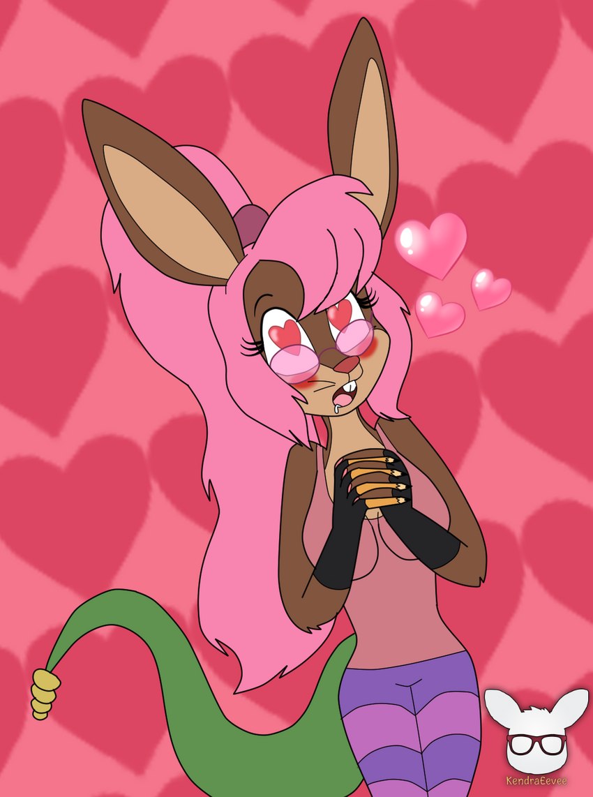 anthro bodily_fluids brown_body brown_fur collette_(kendraeevee) drooling eyewear female fur glasses hair heart_eyes heart_symbol long_hair love ponytail saliva smitten solo tail tan_body tan_fur kendratheshinyeevee hybrid lagomorph leporid mammal rabbit reptile scalie snake hi_res