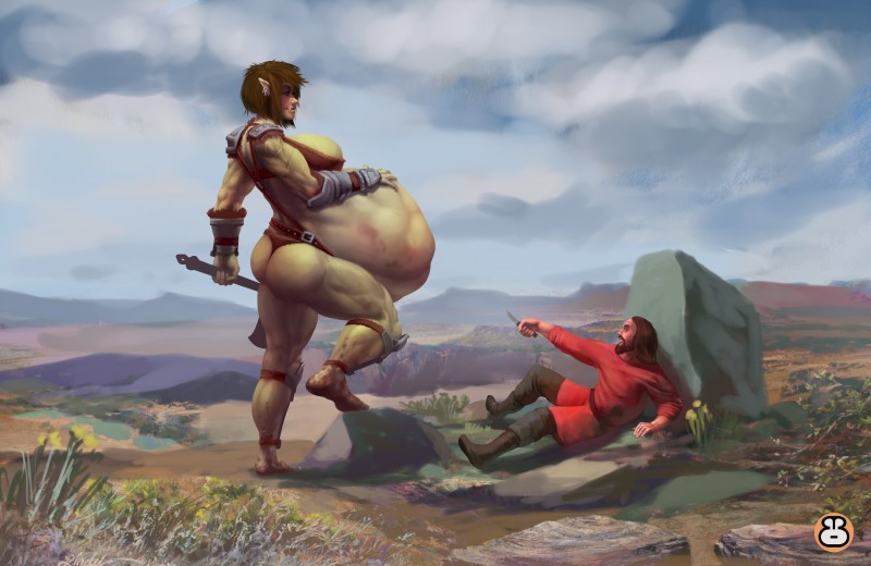 armor axe battle_axe beard belly big_belly big_breasts bracers breasts brown_hair butt clothed clothing cloud dagger detailed_background duo facial_hair female female_pred flower greaves green_body green_skin grey_sky hair hand_on_belly human_prey humanoid_pred lake landscape male melee_weapon mountain not_furry plains plant religion rock side_view skimpy sky standing unconvincing_armor vore weapon bigbig jesus_christ human humanoid mammal orc absurd_res hi_res