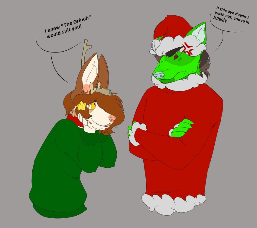 annoyed anthro cheeky clothing costume duo dyed_fur holiday_clothing holidays humor male muscular slightly_chubby possumgod christmas how_the_grinch_stole_christmas! charlie_(deercorg) harvey_yeenpeenl0rd_(possumgod) canid canine canis deer domestic_dog herding_dog hybrid hyena mammal pastoral_dog welsh_corgi absurd_res hi_res