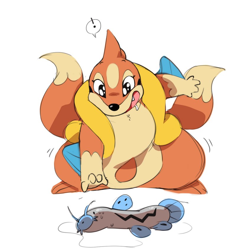 2_tails 4_fingers ambiguous_gender anthro biped black_nose bodily_fluids chest_tuft duo exclamation_point female female_anthro feral fingers fur grey_body grey_skin looking_down lying_on_ground multi_tail on_ground open_mouth orange_body orange_fur orange_tail saliva semi-anthro simple_background sparkles sparkling_eyes speech_bubble standing sweat tail teeth tuft white_background paperclip_(artist) nintendo pokemon shelby_(simplifypm) barboach cypriniform fish floatzel generation_3_pokemon generation_4_pokemon loach mammal marine mustelid pokemon_(species) 1:1 2016 digital_media_(artwork) hi_res