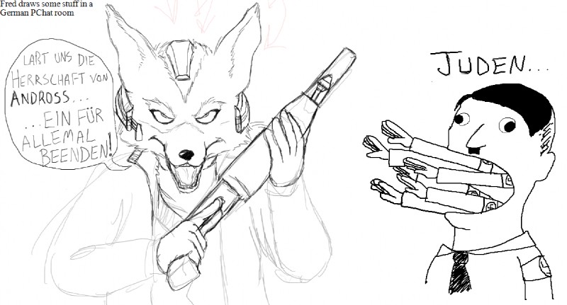 anthro duo gun jewish male nazi racism ranged_weapon religion shotgun simple_background star text weapon what white_background fredryk_phox nintendo paintchat real_world star_fox adolf_hitler fox_mccloud canid canine fox mammal german_text meme monochrome translated