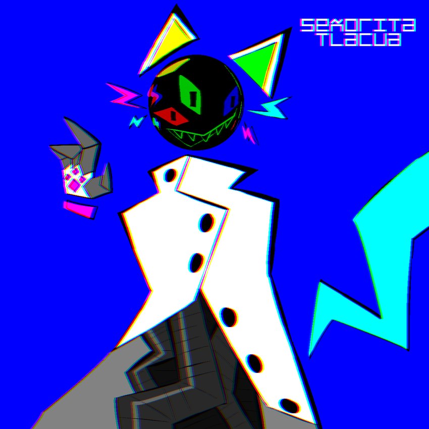 3_eyes 4_fingers 5_legs ambiguous_gender anthro blue_eyes clothing coat fingers floating_ears floating_hands floating_head floating_tail green_eyes lab_coat lab_coat_only light machine multi_eye multi_leg multi_limb paws red_eyes reflection scanlines screen screen_face sharp_teeth solo teeth topwear atomic_cat senorita_tlacua pitri eldritch_abomination felid feline mammal robot 1:1 2022 chromatic_aberration hi_res signature nonbinary_(lore)