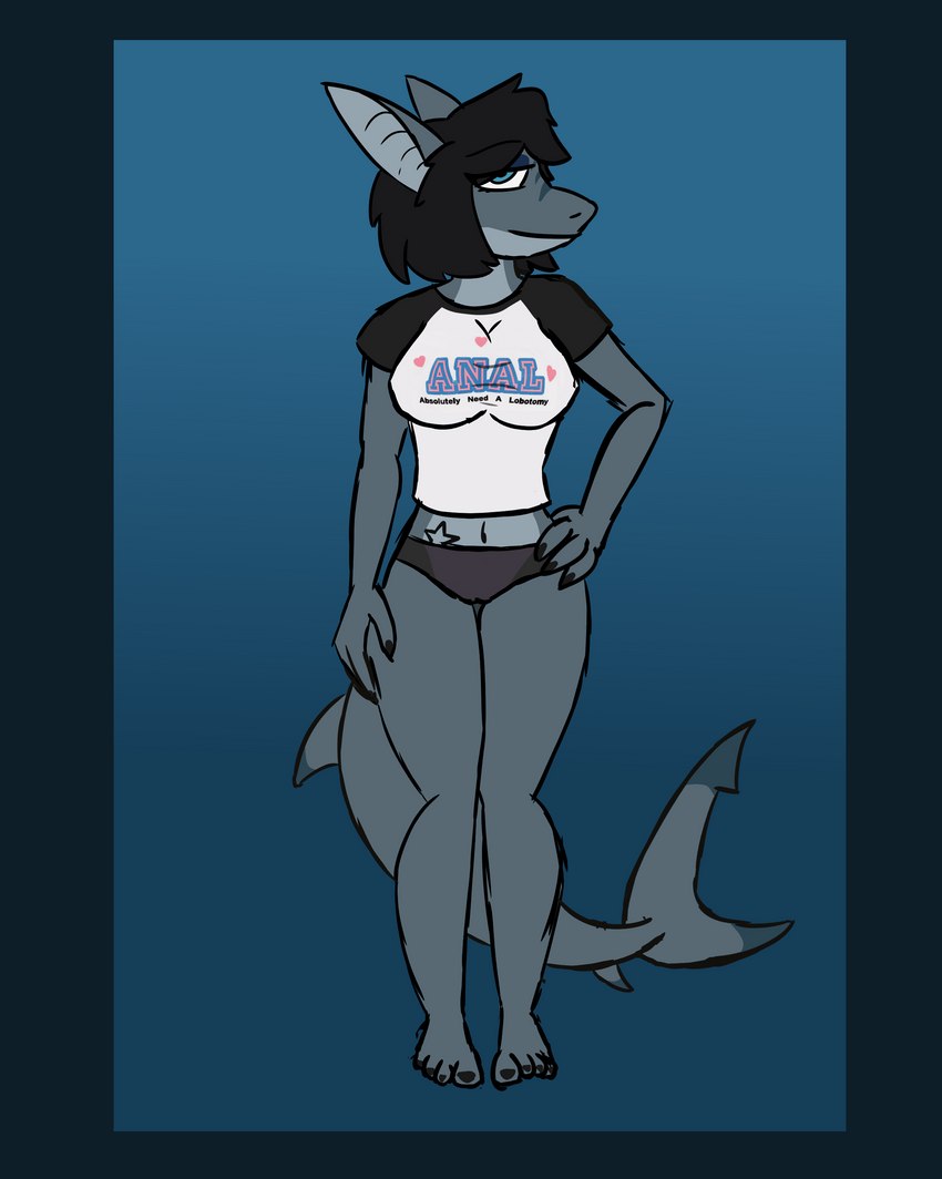 anthro black_hair black_nail_polish blue_body blue_border blue_eyes border clothing feet female fin hair hand_on_hip shirt short_hair solo stripes tail topwear underwear serkeira lala_(layla) fish marine shark absurd_res guide_lines hi_res