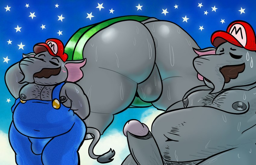 anthro balls belly_hair big_balls big_butt big_penis bodily_fluids body_hair butt chest_hair clothing facial_hair genitals happy_trail male mustache nipples overalls penis pubes solo sweat through_wall trunk dizzysauce_nsfw mario_bros nintendo super_mario_bros_wonder elephant_mario mario elephant elephantid mammal proboscidean hi_res