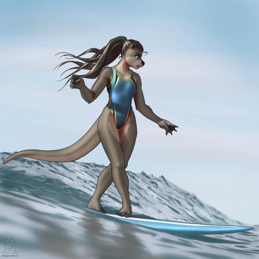 5_fingers 5_toes anthro barefoot clothing feet female fingers hair long_hair membrane_(anatomy) one-piece_swimsuit sea solo surfboard surfing swimwear toes water webbed_hands mykegreywolf nat_(mykegreywolf) mammal mustelid otter 1:1 2022 absurd_res digital_media_(artwork) hi_res watermark