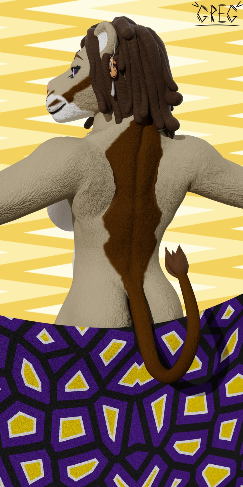 abstract_background anthro big_butt breasts butt ear_piercing ear_ring female jewelry mature_anthro mature_female multicolored_body nude nude_anthro piercing ring_piercing solo tail tan_body greg_(artist) zikomo_(greg) felid lion mammal pantherine 1:2 2024 3d_(artwork) blender_(artwork) digital_media_(artwork) hi_res nonbinary_(lore)