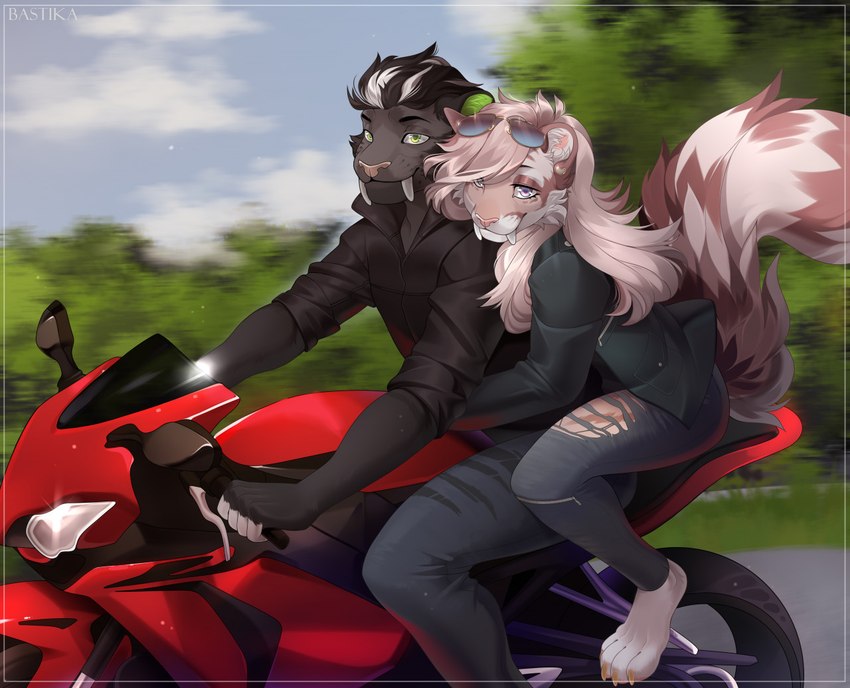 4_toes 5_fingers anthro black_hair breasts clothed clothing day detailed_background duo ear_piercing feet female fingers green_eyes hair male motorcycle outside piercing sky smile toes vehicle bastika grum_(grumbbuck) smurple_(grumbbuck) felid feline mammal 2021 digital_media_(artwork)