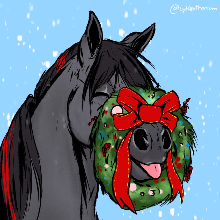 blep feral holidays male quadruped tail tongue tongue_out wreath lykostherium christmas equid equine horse mammal 1:1 hi_res portrait