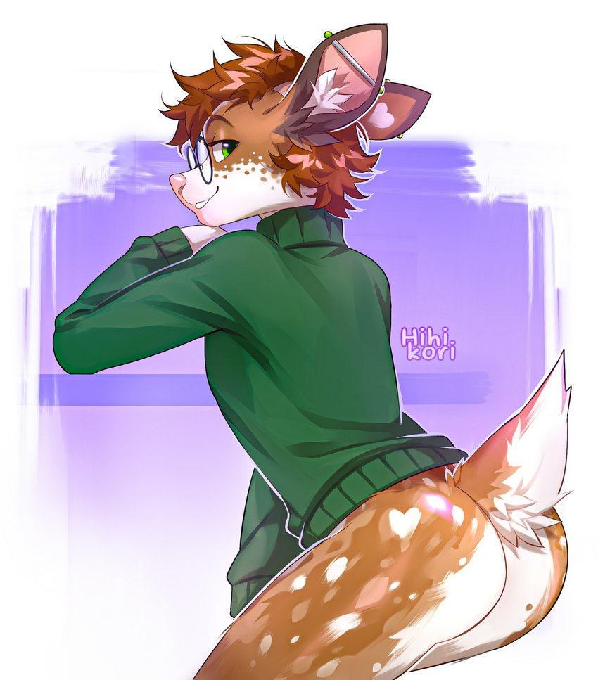 anthro bottomless brown_body brown_fur brown_hair butt clothed clothing ear_piercing eyewear fur glasses green_eyes hair industrial_piercing inner_ear_fluff male piercing round_glasses smile solo sweater tail topwear tuft turtleneck hihikori dallas_(gingersnaps) deer mammal hi_res